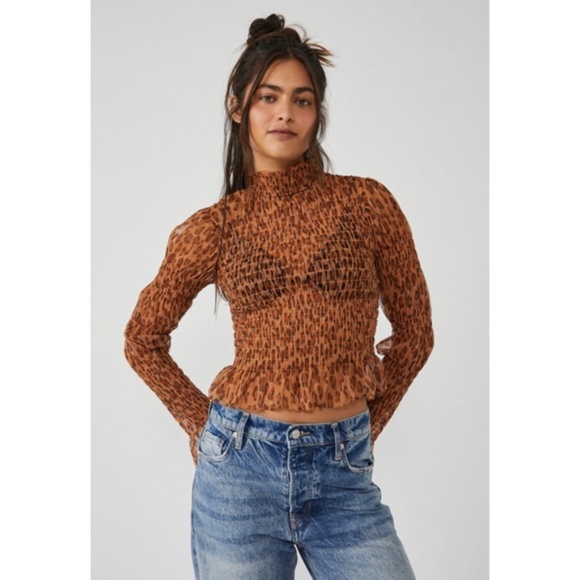 NWT New Free People Hello There Smocked Mock Neck Sheer Top in Leopard Combo - Picture 3 of 8